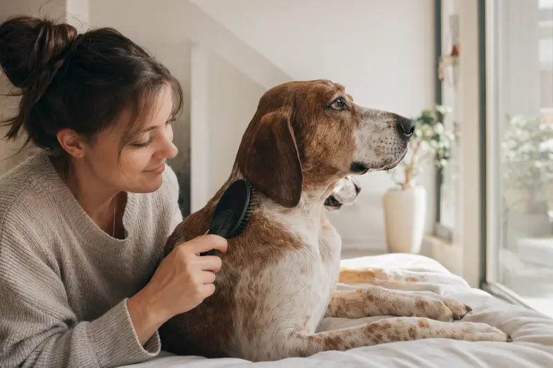 Ein Segugio Italiano Hund wird in einer hellen Wohnung sanft gebürstet, während der Besitzer die Fellpflege liebevoll übernimmt.