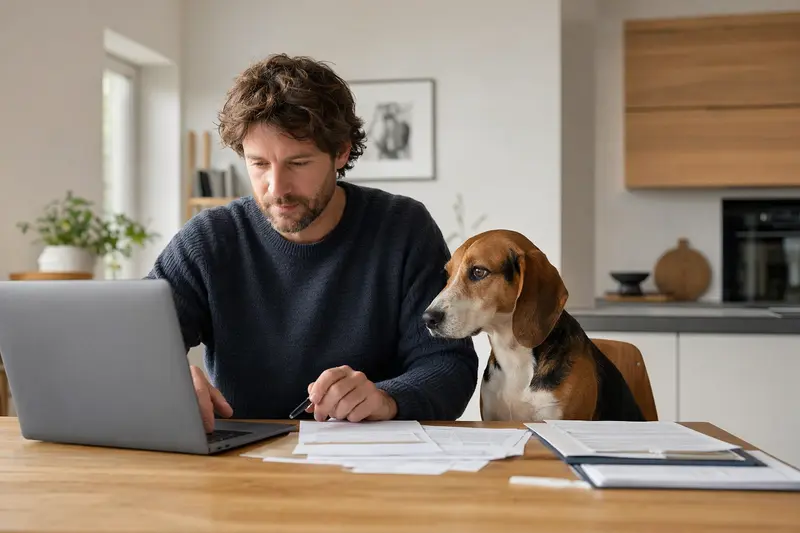 Ein Segugio Italiano sitzt ruhig neben seinem Besitzer am Küchentisch mit Versicherungsunterlagen und einem Laptop mit Vergleichsseite.