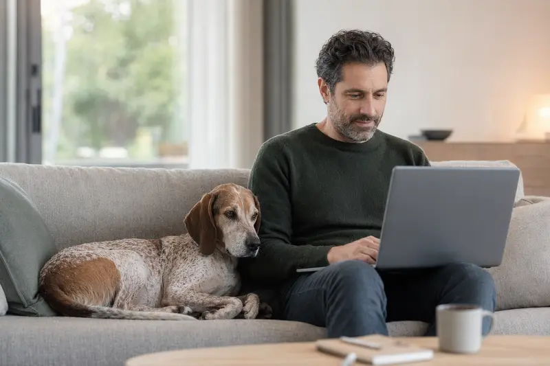 Ein Hundebesitzer sitzt mit einem Segugio Italiano auf dem Sofa und vergleicht tierärztliche Versicherungen am Laptop.
