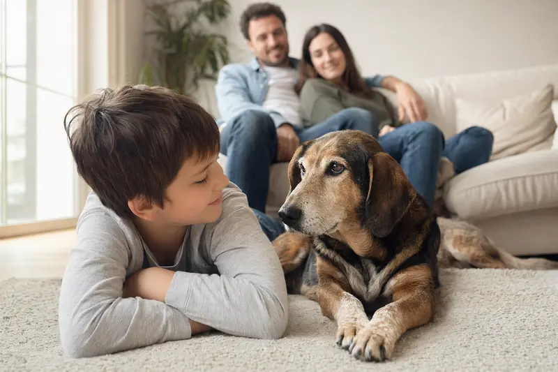 Ein freundlicher Segugio Maremmano liegt entspannt neben einem Kind im hellen Wohnzimmer, während die Eltern im Hintergrund für eine sichere Familienatmosphäre sorgen.