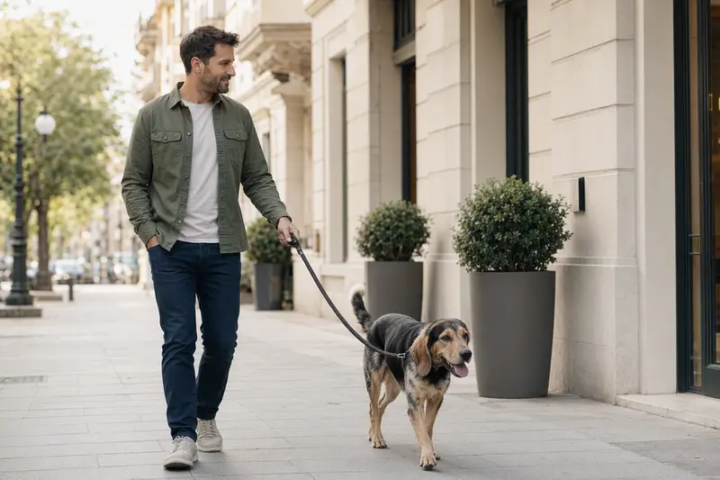 Ein Segugio Maremmano läuft entspannt an der Leine neben seinem Besitzer durch eine saubere moderne Stadtstraße.