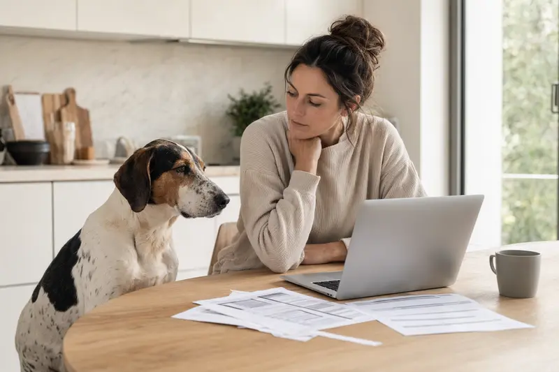 Ein Segugio Maremmano sitzt ruhig neben seinem Besitzer am Küchentisch mit Versicherungsunterlagen und Laptop zur Hundekrankenversicherung.