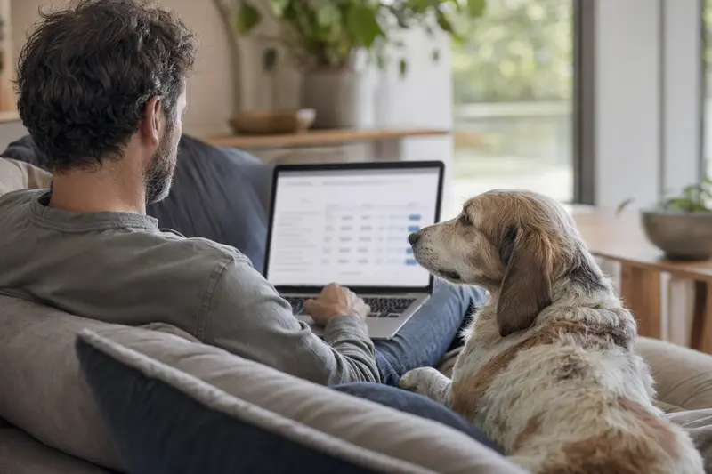 Ein Besitzer sitzt mit Laptop auf dem Sofa, während sein Segugio Maremmano Hund neben ihm entspannt.