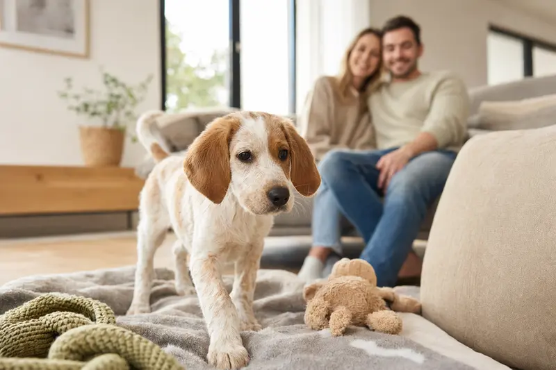 Junger Segugio Maremmano Welpe erkundet neugierig sein neues Zuhause mit weicher Decke und Spielzeug in einer hellen Wohnung.