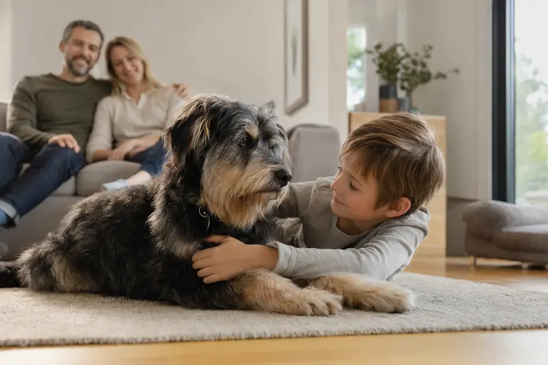 Ein freundlicher Segusier Hund liegt entspannt neben einem Kind im hellen Wohnzimmer, während die Eltern im Hintergrund eine sichere Familienatmosphäre schaffen.