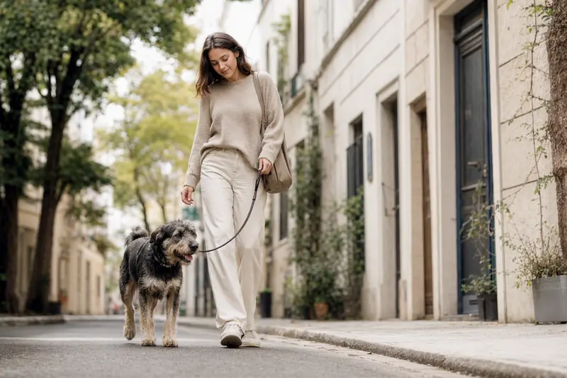 Ein Segusier Hund läuft an der Leine mit seinem Besitzer entspannt durch eine moderne Stadtstraße.
