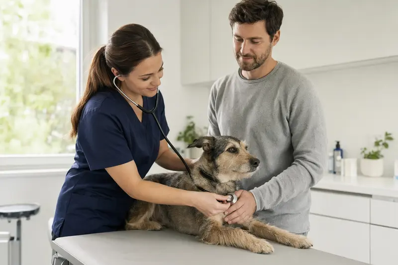 Eine Tierärztin untersucht einen ruhigen Hund mit dem Stethoskop in einer hellen Tierarztpraxis, während der Besitzer beruhigend danebensteht.