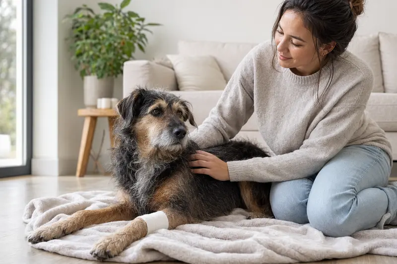 Ein Segugio-Hund mit leichtem Verband an der Pfote liegt ruhig auf einer Decke, während sein Besitzer erleichtert daneben sitzt.