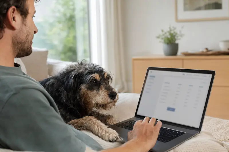 Ein Hundebesitzer sitzt entspannt auf dem Sofa mit einem Laptop, während ein Segusier Hund neben ihm liegt – ideal für die Wahl der richtigen Tierkrankenversicherung.