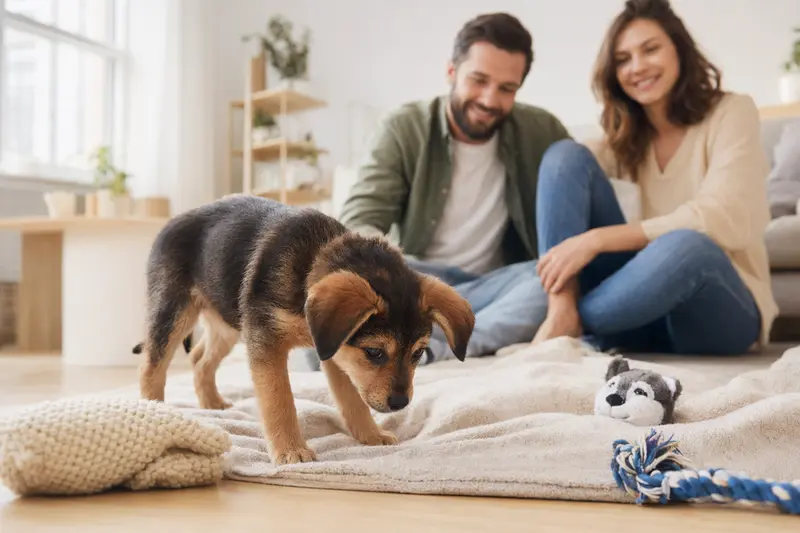 Junger Segusier-Welpe entdeckt neugierig sein neues Zuhause in einer hellen Wohnung mit weicher Decke und Spielzeug.