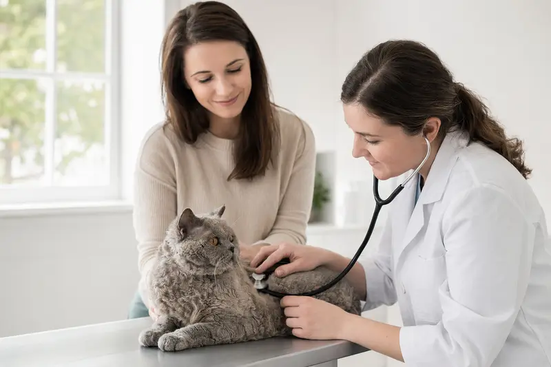 Eine ruhige Selkirk Rex Katze wird von einer freundlichen Tierärztin mit einem Stethoskop in einer modernen Tierarztpraxis untersucht.