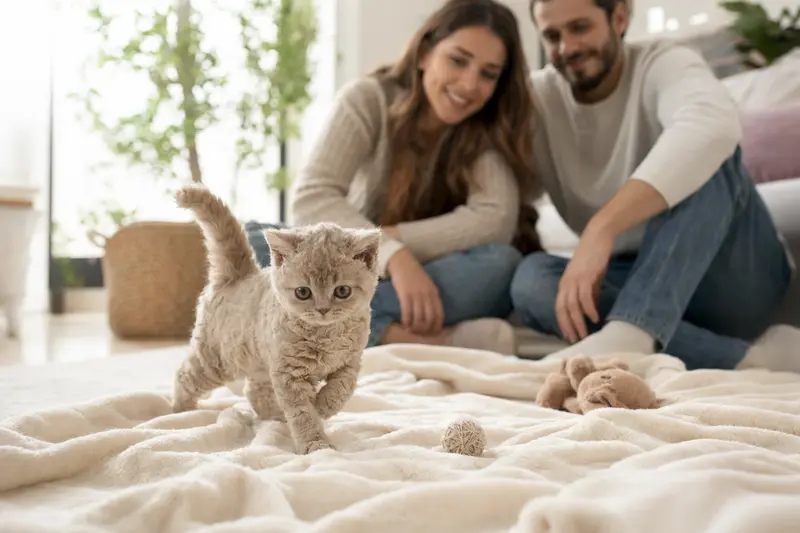 Ein neugieriges Selkirk Rex Kitten erkundet sein neues Zuhause mit liebevoller Familie im Hintergrund.