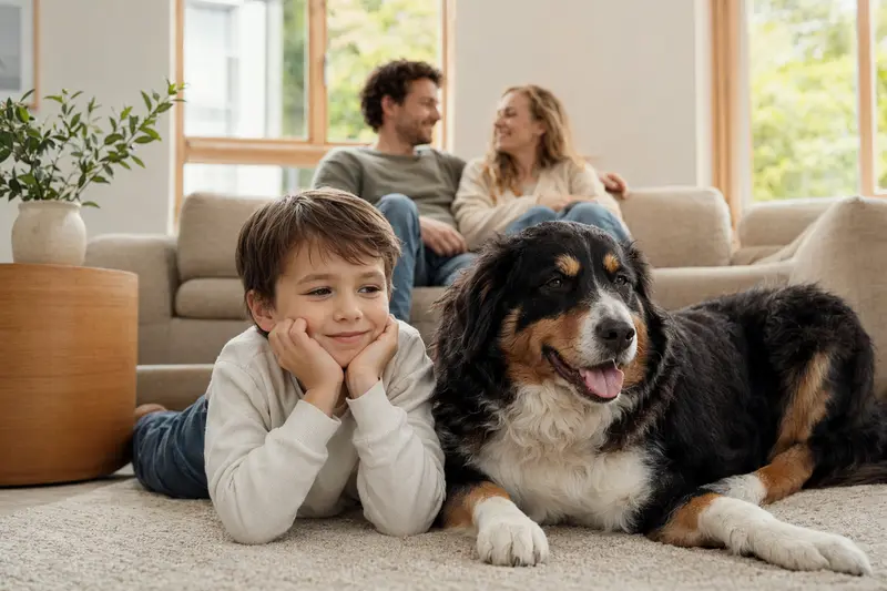 Ein freundlicher Sennenhund liegt entspannt neben einem Kind im hellen Wohnzimmer, während die Eltern im Hintergrund eine sichere Familienatmosphäre schaffen.