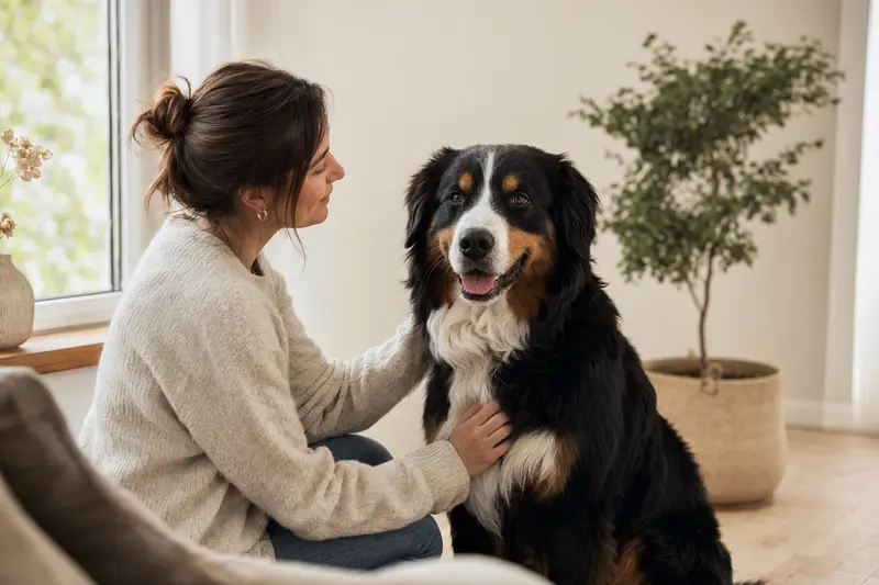 Aufmerksam stehender Sennenhund im professionellen Hundeporträt vor hellem neutralem Hintergrund.