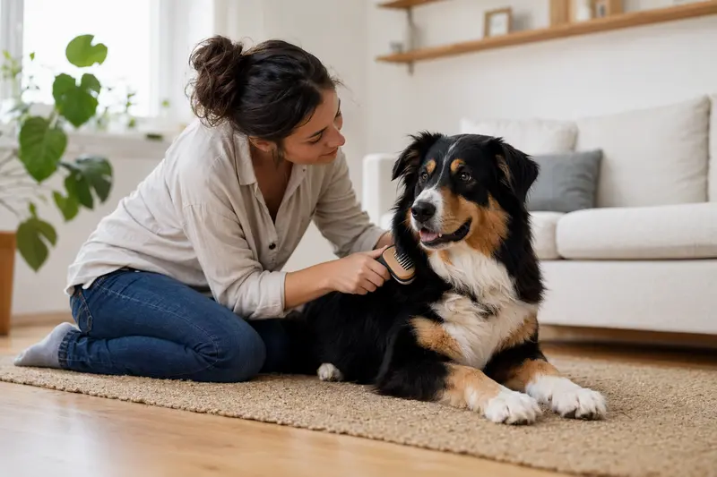Ein Sennenhund wird in einer hellen Wohnung liebevoll von seinem Besitzer gebürstet, was die Fellpflege und Fürsorge für die Hundegesundheit zeigt.