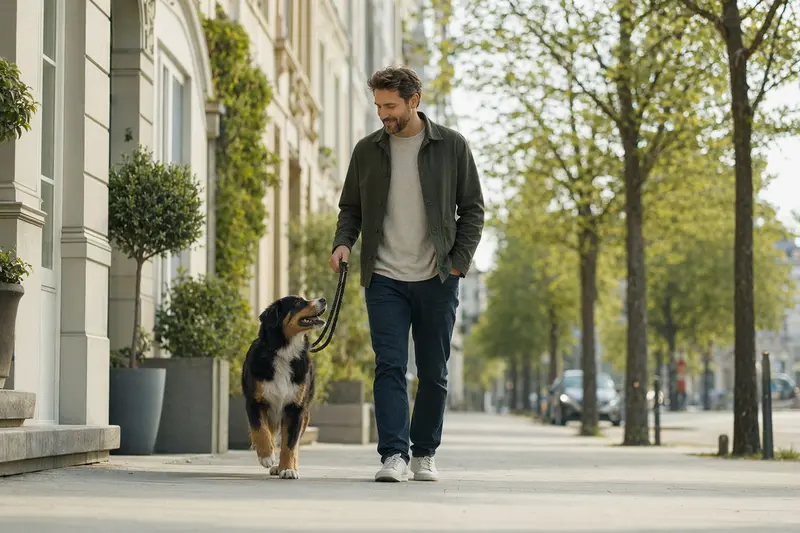 Ein Sennenhund läuft an der Leine mit seinem Besitzer durch eine saubere moderne Stadtstraße in entspannter Alltagssituation.