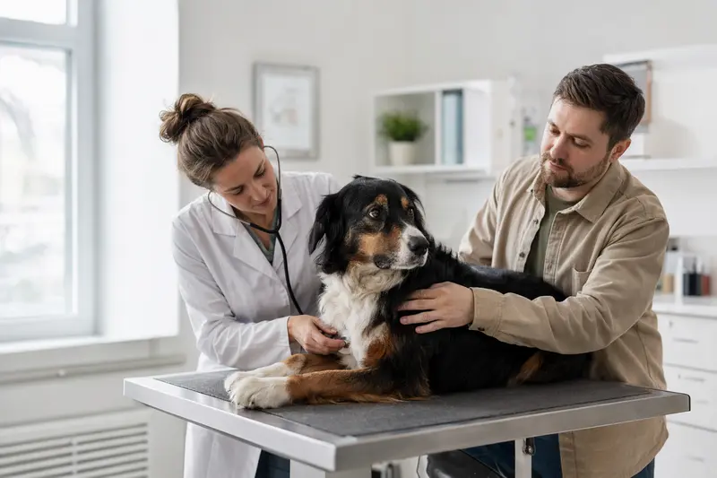 Eine Tierärztin untersucht einen ruhigen Sennenhund mit dem Stethoskop in einer modernen Tierarztpraxis, während der Besitzer beruhigend daneben steht.