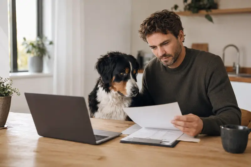 Ein Sennenhund sitzt ruhig neben seinem Besitzer am Küchentisch, während Versicherungsunterlagen und ein Laptop mit einer Vergleichsseite zu Hundeversicherungen zu sehen sind.