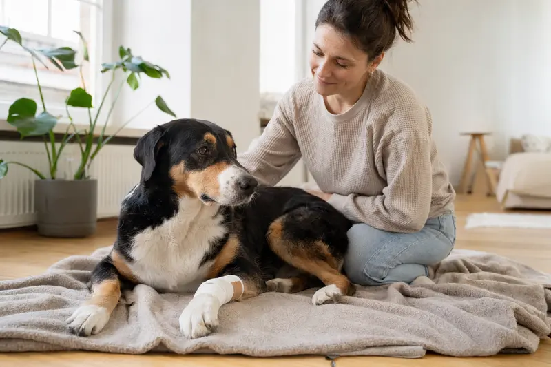 Sennenhund mit leicht verbundenem Pfötchen liegt ruhig auf einer Decke, während sein Besitzer erleichtert neben ihm sitzt.