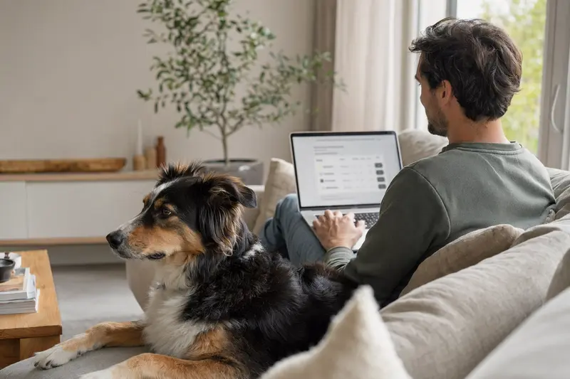 Ein Hundebesitzer arbeitet am Laptop, während ein Sennenhund gemütlich neben ihm auf dem Sofa sitzt, was die einfache Entscheidungsfindung für eine Tierversicherung symbolisiert.