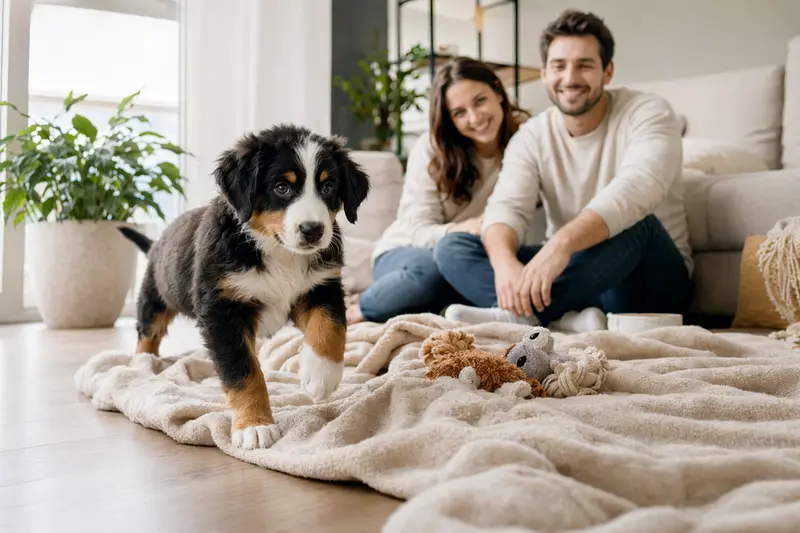 Junger Sennenhund-Welpe entdeckt neugierig sein neues Zuhause mit weicher Decke und Spielzeug in einer hellen Wohnung.