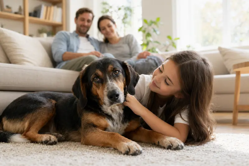 Ein freundlicher Serbischer Laufhund liegt entspannt neben einem Kind im Wohnzimmer, während die Eltern im Hintergrund stehen.