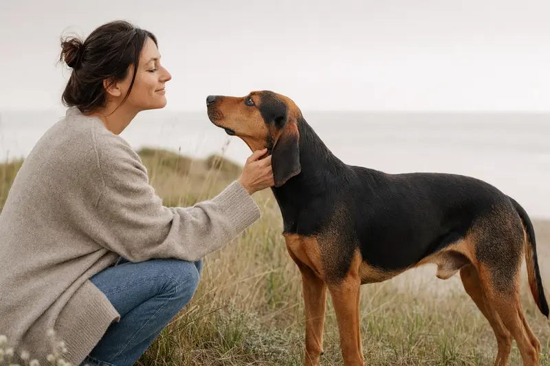Serbischer Laufhund steht aufmerksam vor hellem Hintergrund in natürlicher Haltung als professionelles Hundeportrait.