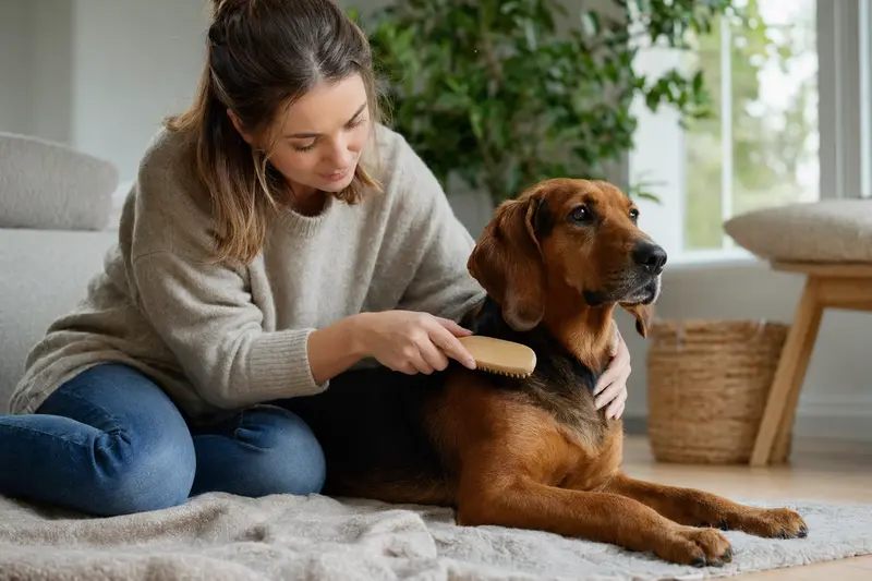 Ein Serbischer Laufhund wird in einer hellen Wohnung sanft gebürstet, während sein Besitzer die Fellpflege liebevoll übernimmt.