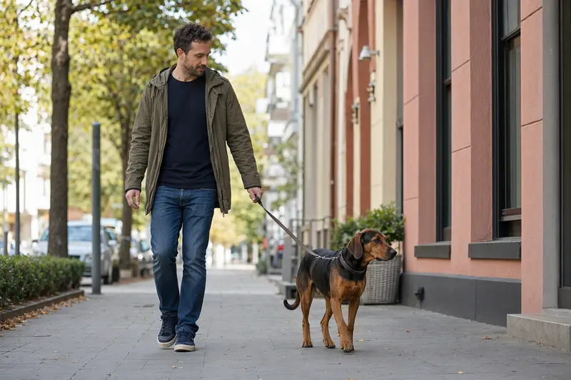 Ein Serbischer Laufhund läuft an der Leine mit seinem Besitzer durch eine freundliche moderne Stadtstraße.