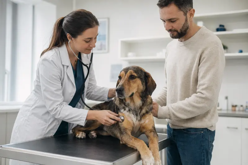 Eine Tierärztin untersucht einen ruhigen Serbischen Laufhund mit dem Stethoskop, während der Besitzer in einer modernen Tierarztpraxis beruhigend danebensteht.