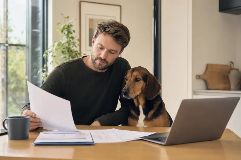 Serbischer Laufhund sitzt ruhig neben seinem Besitzer am Küchentisch mit Versicherungsunterlagen und einem Laptop mit Vergleichsseite.