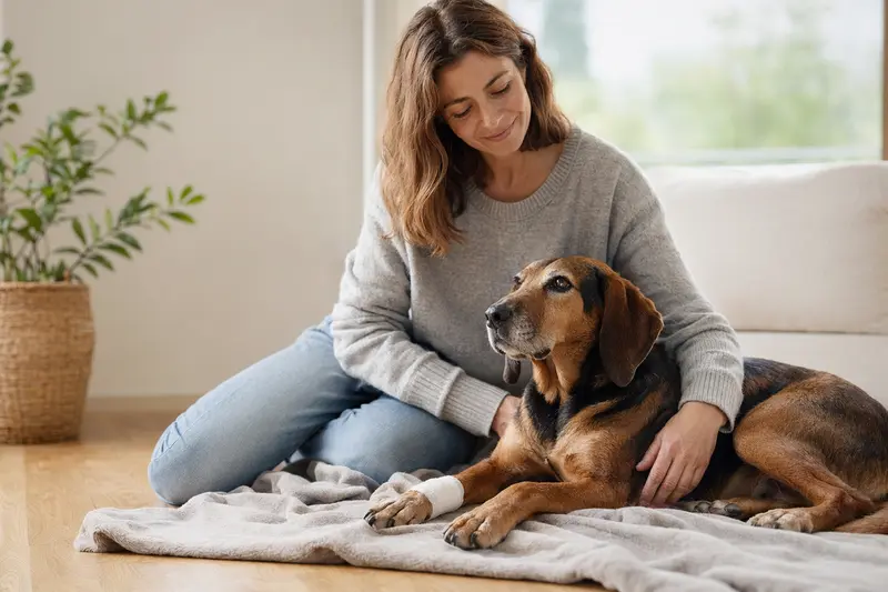 Serbischer Laufhund mit leichtem Verband an der Pfote liegt ruhig auf einer Decke neben seinem erleichterten Besitzer.