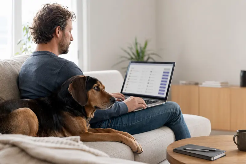 Ein Hundebesitzer arbeitet am Laptop auf dem Sofa, während ein serbischer Laufhund daneben sitzt, und auf dem Bildschirm eine Versicherungsvergleichsseite zu sehen ist.