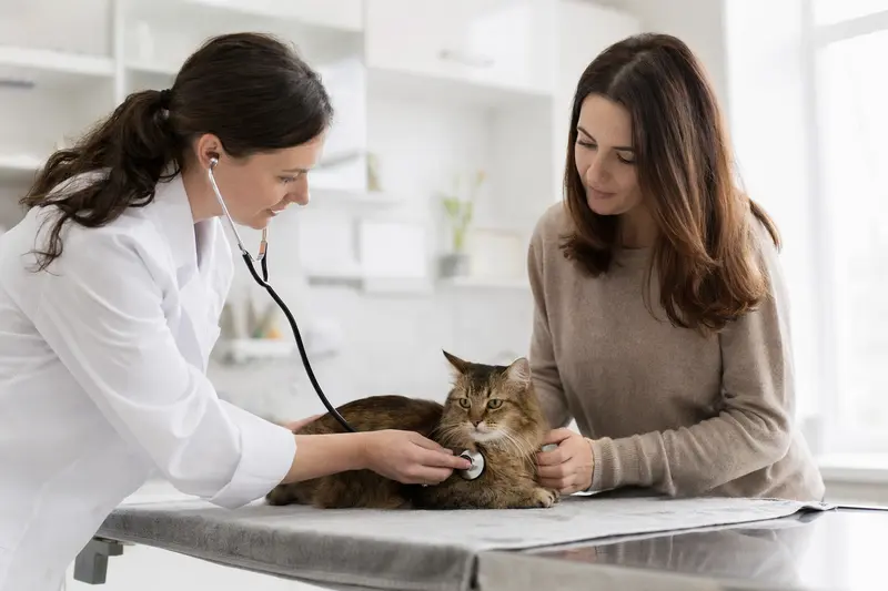 Eine Serengeti Katze wird von einer Tierärztin in einer modernen Praxis mit einem Stethoskop untersucht, während der Besitzer beruhigend danebensteht.