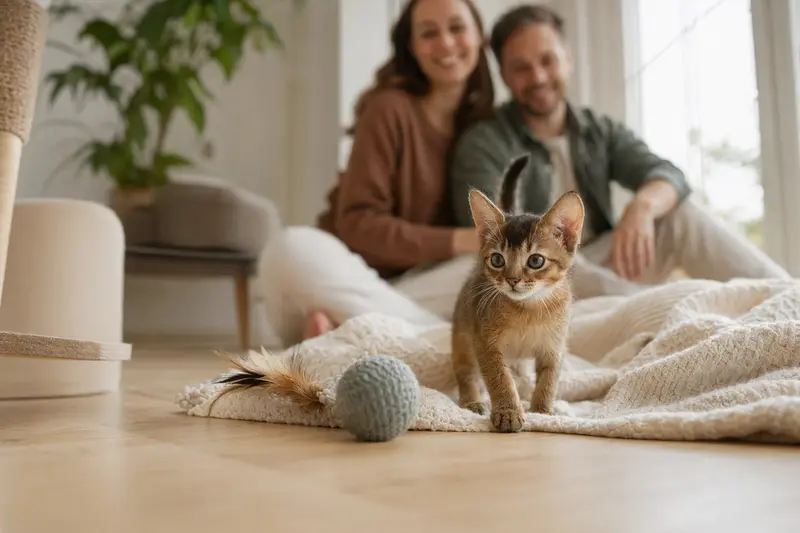 Ein neugieriges Seychellois Katzenkitten entdeckt seine neue, freundliche Wohnung mit einer weichen Decke und Spielzeug.