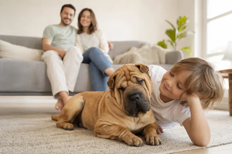 Ein freundlicher Shar-Pei Hund liegt entspannt neben einem Kind im Wohnzimmer, während die Eltern im Hintergrund eine sichere Familienatmosphäre schaffen.
