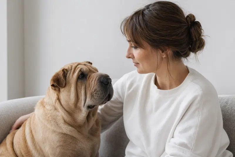 Aufmerksam stehender Shar-Pei Hund vor hellem Hintergrund in natürlicher Haltung, als realistisches Tierportrait mit weichem Licht.