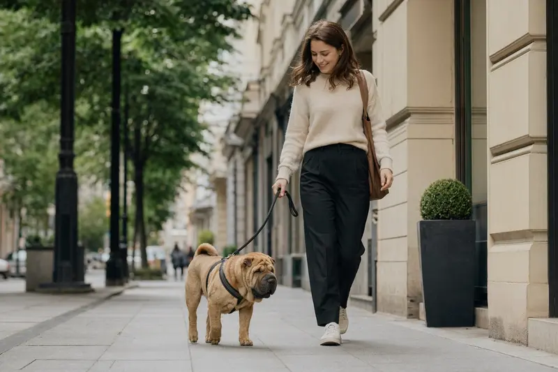 Ein Shar-Pei läuft an der Leine mit seinem Besitzer durch eine moderne Stadtstraße in entspannter Alltagssituation.