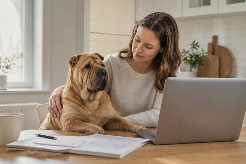 Ein Shar-Pei Hund sitzt ruhig neben seinem Besitzer am Küchentisch, während Versicherungsunterlagen und ein Laptop mit Vergleichsseite auf die Hundeversicherung hinweisen.