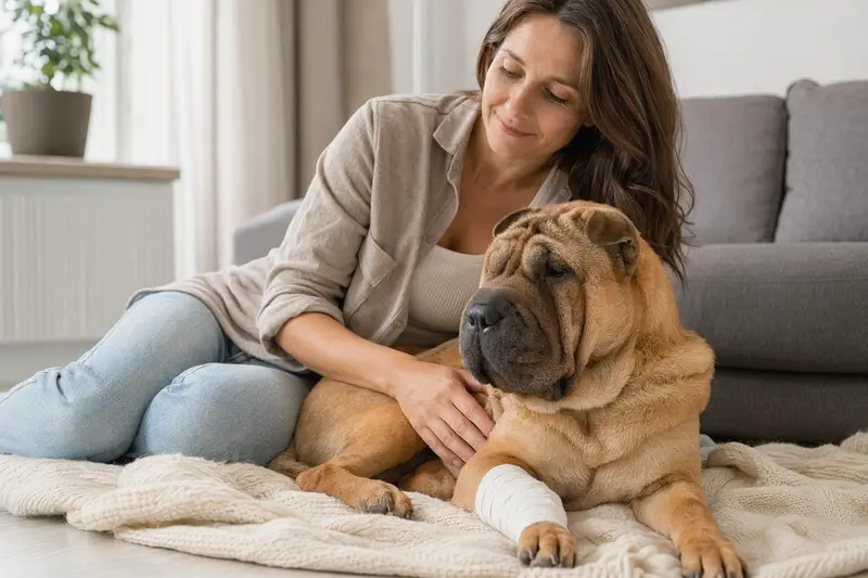 Ein Shar-Pei Hund mit leichtem Verband an der Pfote liegt ruhig auf einer Decke, während sein Besitzer erleichtert neben ihm sitzt.
