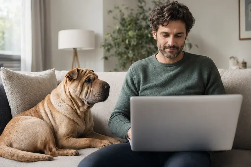 Ein Hundebesitzer sitzt entspannt auf dem Sofa mit einem Laptop, während ein Shar-Pei Hund daneben liegt und auf den Bildschirm schaut, der eine Versicherungsvergleichsseite zeigt.