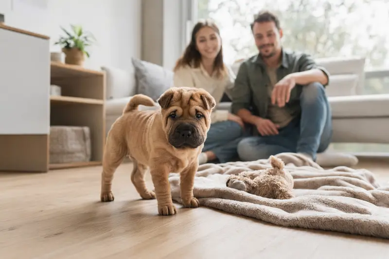 Ein junger Shar-Pei Welpe erkundet neugierig sein neues Zuhause auf einer weichen Decke mit Spielzeug, während seine Familie im Hintergrund in einer hellen Wohnung sitzt.