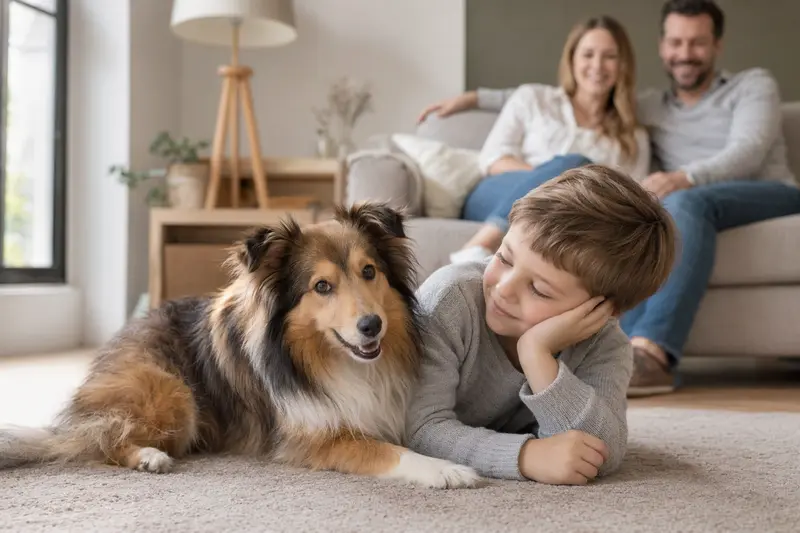 Ein freundlicher Sheltie Hund liegt entspannt neben einem Kind im hellen Wohnzimmer, während die Eltern im Hintergrund eine sichere Familienatmosphäre schaffen.
