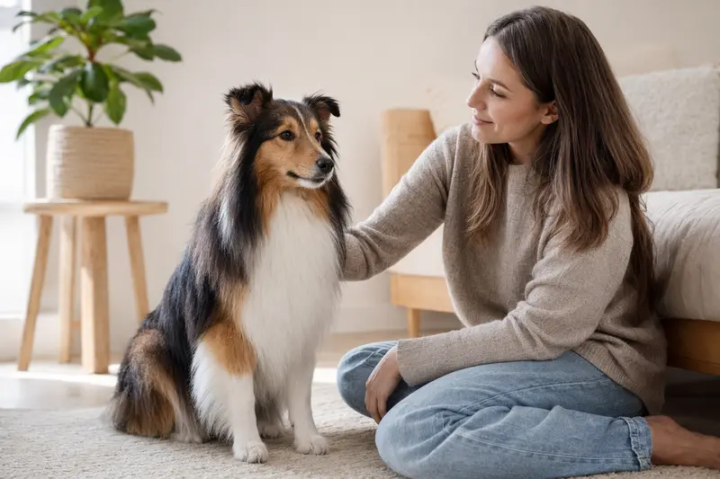 Aufmerksam stehender Sheltie Hund im professionellen Tierportrait vor hellem neutralem Hintergrund.