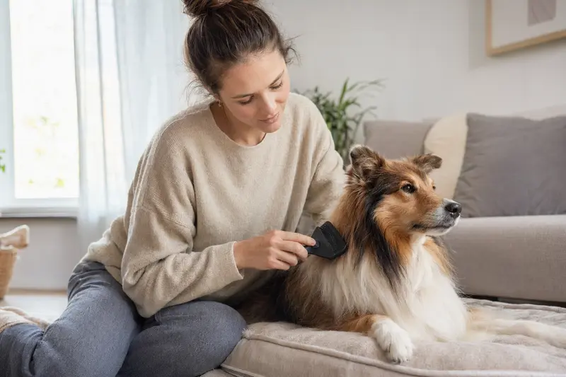Ein Sheltie wird in einer hellen Wohnung liebevoll gebürstet, während der Besitzer sich aufmerksam um die Fellpflege kümmert.