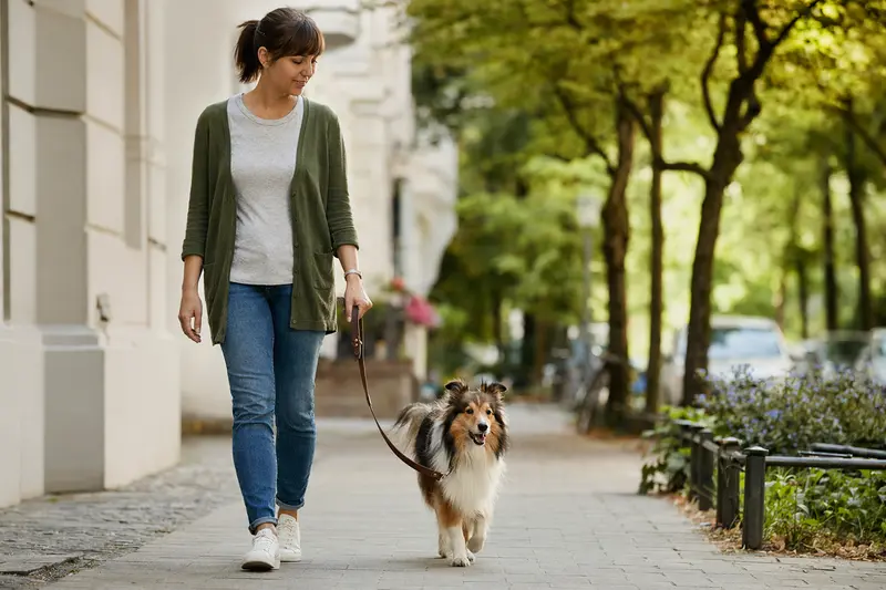 Ein Sheltie läuft an der Leine mit seinem Besitzer durch eine freundliche moderne Stadtstraße.