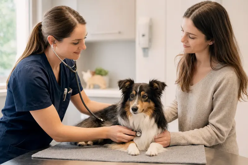 Eine Tierärztin untersucht einen ruhigen Sheltie mit dem Stethoskop auf dem Untersuchungstisch, während der Besitzer beruhigend daneben steht.