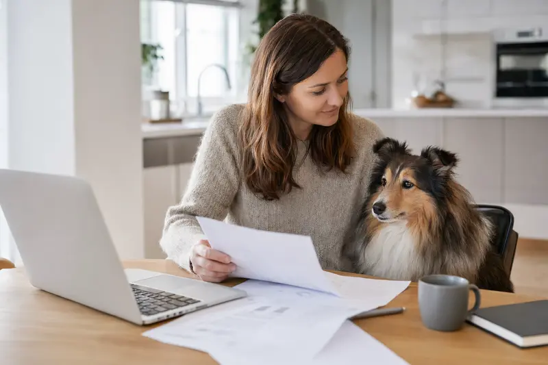 Sheltie sitzt ruhig neben seinem Besitzer am Küchentisch mit Versicherungsunterlagen und Laptop zur Hundekrankenversicherung.