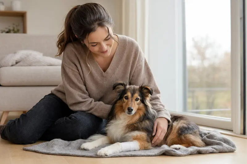Ein Sheltie mit leichtem Verband an der Pfote liegt ruhig auf einer Decke, während sein Besitzer erleichtert neben ihm sitzt.