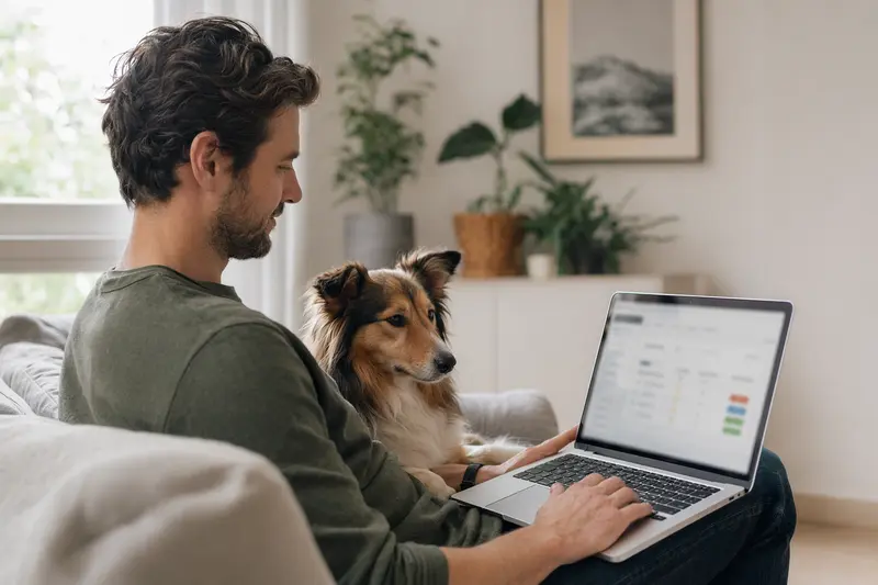 Ein Besitzer arbeitet am Laptop auf dem Sofa, während ein Sheltie Hund an seiner Seite sitzt.